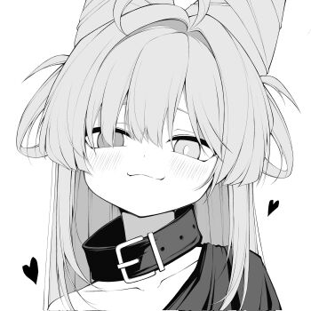 1girl 248a ahoge animal_collar blush bright_pupils closed_mouth collar corrupted_twitter_file dot_nose greyscale hair_intakes hashtag-only_commentary heart highres long_hair looking_at_viewer monochrome portrait simple_background single_off_shoulder solo stellive tenko_shibuki virtual_youtuber