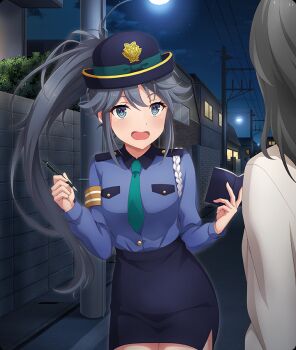 Rule 34 | 2girls, :d, armband, black hair, blue eyes, blue hat, blue shirt, blue skirt, blue sky, blush, breast pocket, brown armband, bush, cowboy shot, dot nose, game cg, green necktie, hat, high ponytail, holding, holding notebook, holding pen, house, lamppost, long hair, long sleeves, multiple girls, necktie, night, notebook, official art, open mouth, outdoors, pen, pencil skirt, pink pupils, pocket, police, police hat, police uniform, policewoman, ponytail, power lines, road, shirt, side slit, sidelocks, skirt, sky, smile, solo focus, street, suburb, third-party source, toji no miko, toji no miko: kizamishi issen no tomoshibi, utility pole, very long hair, white shirt, yamashiro yui
