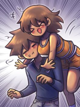 >_< +++ 1boy 1girl blue_sweater blush breasts brother_and_sister brown_hair cleavage closed_eyes closed_mouth collarbone commentary dark-skinned_female dark-skinned_male dark_skin double-parted_bangs english_commentary genderswap genderswap_(mtf) grey_pants hair_between_eyes hero_(faraway)_(omori) hero_(omori) highres kel_(faraway)_(omori) kel_(omori) large_breasts long_sleeves omori open_mouth orange_shorts pants setosexual short_hair shorts siblings socks sweatdrop sweater white_socks