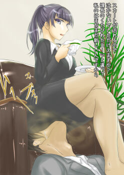 1boy 1girl asphyxiation ass smelling_ass black_skirt chair couch crossed_legs crushing crying cup domination fart femdom forniphilia highres holding_breath human_chair human_furniture humiliation long_hair office_chair office_lady ponytail sexual_objectification sitting sitting_on_face sitting_on_person skirt smell smelling smother submission swivel_chair teacup tears translated