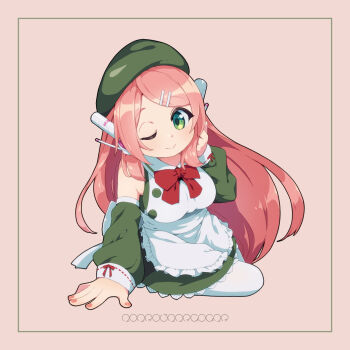 1girl 310123 apron beret bow bowtie breasts commentary_request detached_sleeves dress full_body green_eyes hair_ornament hairclip hand_up hat highres lace lace-trimmed_dress lace_trim large_breasts long_hair long_sleeves maid momone_momo nail_polish one_eye_closed pantyhose pink_hair robot_ears sitting sleeveless sleeveless_dress smile solo utau very_long_hair yokozuwari