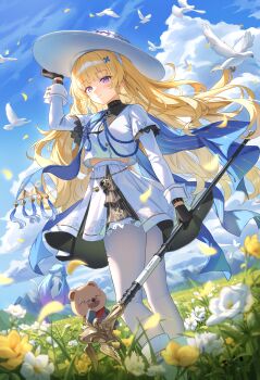 1girl absurdres black_gloves blonde_hair blue_sky boots closed_mouth cloud cloudy_sky commentary_request gloves hair_ornament hand_up hat highres holding holding_staff korean_commentary long_hair long_sleeves looking_at_viewer pantyhose phoebe_(wuthering_waves) purple_eyes rahy shirt skirt sky smile solo staff standing sun_hat very_long_hair white_boots white_hat white_pantyhose white_shirt white_skirt wuthering_waves x_hair_ornament