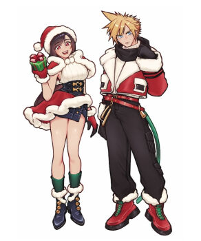 Rule 34 | 1boy, 1girl, belt, black boots, black gloves, black hair, black pants, black scarf, blonde hair, blue eyes, boots, box, capelet, christmas, closed mouth, cloud strife, cloud strife (holiday outfit), commentary request, denim, denim skirt, final fantasy, final fantasy vii, final fantasy vii: ever crisis, full body, fur-trimmed boots, fur-trimmed capelet, fur-trimmed gloves, fur-trimmed headwear, fur-trimmed jacket, fur-trimmed skirt, fur-trimmed sleeves, fur trim, gift, gift box, gloves, green socks, hat, holding, holding gift, jacket, legs, linono, long hair, looking at viewer, miniskirt, official alternate costume, open mouth, pants, pom pom (clothes), red belt, red boots, red capelet, red eyes, red hat, red jacket, red skirt, santa costume, santa hat, scarf, short hair, skirt, sleeveless, sleeveless turtleneck, socks, spiked hair, standing, sweater, swept bangs, thighs, tifa lockhart, tifa lockhart (fairy of the holy flame), turtleneck, turtleneck sweater, white background, white sweater