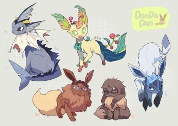 2boys 3girls adjusting_eyewear animalization antennae black_sclera blue_skin brown_eyes brown_fur brown_hair character_name closed_mouth colored_sclera colored_skin copyright_name dandadan eevee full_body gen_1_pokemon gen_4_pokemon glaceon glasses green_sclera grey_background highres kai_(huikuai2) leaf leaf_on_head leafeon multiple_boys multiple_girls nintendo no_humans open_mouth piercing pokemon pokemon_(creature) pokemon_focus rain sakata_kinta sawaki_rin shaded_face simple_background star_(symbol) star_in_eye symbol_in_eye tail vamola_(dandadan) vaporeon white_eyes yukishiro_kouki zuma_unji