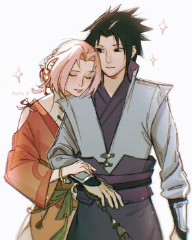 1boy 1girl alternate_costume black_hair black_robe closed_eyes couple flower gelley_j0 hair_flower hair_ornament haruno_sakura hetero highres holding_another&#039;s_arm jacket japanese_clothes naruto_(series) parted_bangs pink_hair red_robe robe short_hair sparkle spiked_hair twitter_username uchiha_sasuke white_background white_jacket