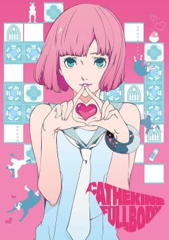 1boy alien block_(object) blue_serafuku bob_cut bracelet catherine:_full_body catherine_(game) copyright_name crossdressing crossdressing_(mtf) falling green_eyes heart jewelry looking_at_viewer necktie non-web_source official_art pink_background pink_hair pink_lips rin_(catherine) school_uniform serafuku sheep short_hair sleeveless smile soejima_shigenori trap vincent_brooks white_necktie