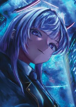 1girl :3 ;ong_hair alternate_costume black_jacket black_necktie blue_archive bright_pupils city collared_shirt comiket_107 commentary_request from_below hair_between_eyes jacket lelite33 looking_at_viewer mechanical_arms necktie night partially_shaded_face purple_eyes purple_hair shirt sidelocks sky solo star_(sky) suit_jacket utaha_(blue_archive) white_shirt