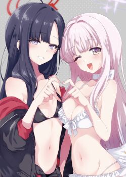 2girls :d ;d ahoge asymmetrical_docking bare_shoulders bikini black_bikini black_hair black_jacket black_wings blue_archive blunt_bangs blush breast_press breasts choker collarbone commentary_request cowboy_shot eyelashes four-finger_heart_hands frilled_bikini frills grey_background grey_eyes grin hair_down hair_intakes halo halterneck hand_up heart heart_hands heart_hands_duo highres ichika_(blue_archive) ichika_(swimsuit)_(blue_archive) jacket jacket_partially_removed kuroi_mimei large_breasts long_hair long_sleeves looking_at_viewer low_wings mika_(blue_archive) mika_(swimsuit)_(blue_archive) multiple_girls nail_polish navel official_alternate_costume official_alternate_hairstyle one_eye_closed open_clothes open_jacket open_mouth pink_hair pink_halo pink_nails red_halo simple_background small_breasts smile stomach straight_hair swimsuit tsurime unusually_open_eyes very_long_hair white_bikini white_choker white_wings wings yellow_eyes