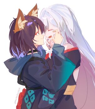 2girls animal_ears bare_shoulders black_choker black_kimono blue_hoodie blue_nails cho_kaguya-hime! choker closed_mouth commentary fox_ears hashtag-only_commentary hood hoodie japanese_clothes kimono long_hair mscheckacheck multiple_girls off_shoulder open_mouth purple_hair runami_yachiyo sakayori_iroha short_hair simple_background smile tears white_background white_hair wiping_tears yuri