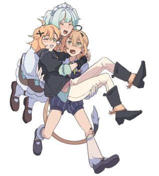 3girls addendium ahoge black_gloves black_jacket blonde_hair blush boots carrying cowboy_boots densetsu.exe dokibird dokibird_(bounty_hunter) dooby dooby_(1st_costume) dress frills gloves gradient_hair green_eyes green_hair hair_ornament highres indie_virtual_youtuber jacket maid_headdress medium_hair mint_fantome mint_fantome_(minto_2.0) multicolored_hair multiple_girls open_mouth princess_carry shirt short_hair simple_background spurs two_side_up virtual_youtuber white_background x_hair_ornament