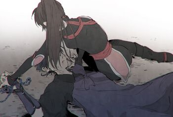 1boy 1girl beads black_bodysuit black_boots black_hair black_robe blood blood_from_mouth bodysuit boots breasts bridal_gauntlets brown_hair commentary_request elbow_pads highres holding_hands holding_prayer_beads inuyasha long_hair low_ponytail macha_(macha3635toa) medium_breasts miroku_(inuyasha) monk parted_lips pinned ponytail prayer_beads purple_tunic robe sango_(inuyasha) short_hair skin_tight sweatdrop tunic