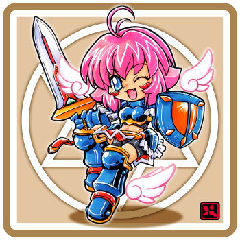 Rule 34 | 1girl, absurdres, antenna hair, armor, armored boots, bike shorts, black shirt, black shorts, blue armor, blue eyes, boobplate, boots, breastplate, chibi, chibi only, commentary, crop top, detached wings, facial mark, fang, full body, gauntlets, hexagram, highres, holding, holding shield, holding sword, holding weapon, kokomahi, midriff, one eye closed, open mouth, pelvic curtain, pink hair, shield, shirt, short hair, shorts, smile, solo, sword, weapon, white wings, wings, ziggurat (game)