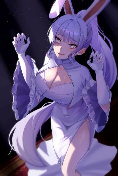 1girl @_@ absurdres animal_ears black_background blush breasts carpet claw_pose cleavage commentary_request commission covered_collarbone covered_navel dress elbow_gloves fake_animal_ears furrowed_brow gloves grey_eyes highres korean_commentary large_breasts light_particles long_hair long_sleeves looking_at_viewer mountain_range_(treerootbeard) one_ear_down open_mouth original ponytail rabbit_ears side_slit sidelocks solo standing thighs traditional_media two-sided_fabric two-sided_sleeves very_long_hair wavy_mouth white_dress white_gloves white_hair wide_sleeves