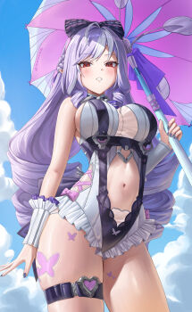 1girl absurdres ahoge animal_print arm_at_side black_bow blue_sky blush bow bowtie breasts butterfly_print clothing_cutout cloud cloudy_sky commentary cowboy_shot drill_hair frilled_one-piece_swimsuit frilled_wrist_cuffs frills from_below hair_bow heart_cutout highres holding holding_umbrella large_breasts long_hair looking_at_viewer m0_0m_c mole mole_under_eye multicolored_umbrella navel official_alternate_costume one-piece_swimsuit outdoors parted_lips pink_bow pink_umbrella pointy_ears purple_bow purple_bowtie purple_hair purple_nails purple_ribbon red_eyes ribbon see-through_clothes sideboob_cutout sky solo stomach stomach_cutout swimsuit thigh_strap two-tone_one-piece_swimsuit umbrella vivian_banshee vivian_banshee_(iris_of_the_shore) white_one-piece_swimsuit wrist_cuffs zenless_zone_zero
