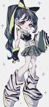 1girl absurdres barbell_piercing belt belt_buckle black_bow black_gloves black_shirt bow breasts buckle cheerleader commentary cropped_shirt ear_piercing fingerless_gloves full_body gloves grey_skirt hair_bow highres industrial_piercing leg_warmers long_hair looking_at_viewer miniskirt okubatomaeba original parted_lips piercing pom_pom_(cheerleading) ponytail red_eyes shirt shoes skirt sleeveless sleeveless_shirt small_breasts smile solo sparkle striped_leg_warmers tareme white_background white_belt white_leg_warmers white_shoes wispy_bangs