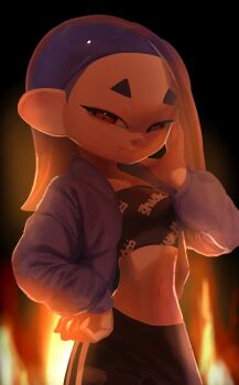1girl blue_hair cowboy_shot dbwuqldvec82805 fire gradient_background hand_on_own_cheek hand_on_own_face hand_on_own_hip jacket long_hair looking_at_viewer navel nintendo octoling open_clothes open_jacket pants red_background red_eyes shiver_(splatoon) shiver_(suffer_no_fools)_(splatoon) smile solo splatoon_(series) splatoon_3 strapless tentacle_hair track_pants tube_top