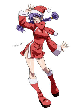 Rule 34 | 1girl, absurdres, arm up, boots, braid, breasts, brown eyes, christmas, freckles, glasses, highres, large breasts, legs, long hair, open mouth, purple hair, ri kouran, sakura taisen, santa costume, scarf, sega, smile, solo, thighs, twin braids
