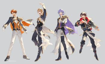 Rule 34 | 4boys, :d, ankle boots, black boots, black cape, black hair, black jacket, black pants, black shoes, black vest, blue eyes, boots, brown hair, cape, commentary request, copyright notice, cropped jacket, epaulettes, fura kanato, gloves, gold trim, grey background, grey eyes, headset, hoshirube sho, idol clothes, iwamoto zerogo, jacket, kitami yusei, long sleeves, looking ahead, low block heels, male focus, multicolored hair, multiple boys, multiple thigh straps, nijisanji, official art, open mouth, orange cape, orange vest, overskirt, pants, purple cape, purple hair, purple vest, red hair, red jacket, saegusa akina, sample watermark, shirt, shoes, short hair, side cape, simple background, single epaulette, skirt, sleeve cuffs, smile, standing, standing on one leg, streaked hair, tailcoat, tassel, thigh strap, two-sided cape, two-sided fabric, two-sided jacket, two-tone hair, vest, virtual youtuber, watermark, white gloves, white pants, white shirt, white skirt