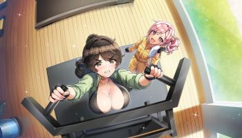 2girls breasts brown_eyes brown_hair cleavage dark-skinned_female dark_skin day dolphin_wave game_cg green_jumpsuit hair_bobbles hair_intakes hair_ornament highres jumpsuit large_breasts mole mole_on_breast mole_under_mouth multiple_girls non-web_source official_alternate_costume official_art ootomo_takuji open_jumpsuit orange_jumpsuit pink_eyes pink_hair sexual_exercising side_ponytail sparkle urami_kana yamaba_yume