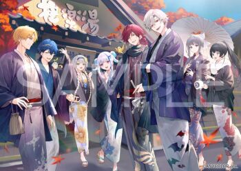 Rule 34 | 4boys, 4girls, bath yukata, bird, black hair, blonde hair, blue hair, bow, braid, building, bukurote, commentary request, copyright notice, ex albio, geta, glasses, green eyes, grey hair, hair bow, hair ornament, hairband, hairpin, hand up, haori, higuchi kaede, holding, holding lantern, japanese clothes, kimono, kinchaku, kuzuha (nijisanji), lantern, lauren iroas, leaf, leos vincent, lize helesta, mameneko (leos vincent), maple leaf, multiple boys, multiple girls, nijisanji, obi, official alternate costume, official art, oil-paper umbrella, patterned clothing, ponytail, pouch, purple eyes, red eyes, red hair, sample watermark, sash, scarf, sebastian piyodore, shioriha ruri, smile, tsukino mito, twin braids, umbrella, virtual youtuber, watermark, white hair, yukata