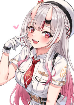 1girl :d absurdres belt beret braid breasts fang gloves hair_between_eyes hair_between_horns hair_ornament hat heart highres hololive horns leeshin0919 long_hair looking_at_viewer multicolored_hair nakiri_ayame nakiri_ayame_(9th_costume) necktie official_alternate_costume oni open_mouth pocket red_eyes red_hair red_necktie short_sleeves simple_background skin-covered_horns smile virtual_youtuber white_gloves white_hair x_hair_ornament