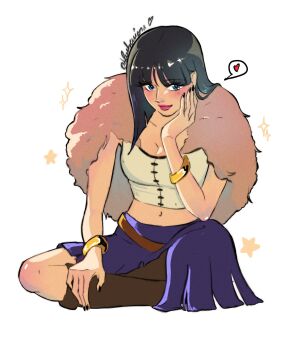 Rule 34 | 1girl, 2025, black hair, black nails, blue eyes, blueberriena, blunt bangs, blush, boots, bracelet, brown boots, capelet, collarbone, commentary, english commentary, eyelashes, fur capelet, head rest, heart, highres, indian style, jewelry, midriff, navel, nico robin, nico robin (elbaf), official alternate costume, official alternate hairstyle, one piece, pink capelet, pink lips, purple skirt, simple background, sitting, skirt, solo, sparkle, spoken heart, star (symbol), twitter username, white background