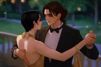 1boy 1girl arm_around_back bare_shoulders black_bow black_bowtie black_hair black_jacket blurry blurry_background bow bowtie breasts brown_hair collared_shirt couple dancing dress eren_yeager facial_scar hair_between_eyes hair_bun half_updo halter_dress halterneck hetero highres holding_hands jacket looking_at_another medium_breasts medium_hair mikasa_ackerman parted_bangs scar scar_on_cheek scar_on_face shingeki_no_kyojin shirt short_hair suit_jacket sumiensp upper_body white_shirt yellow_dress