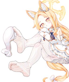 1girl animal_ear_fluff animal_ears blonde_hair blue_archive chaosexceed closed_mouth collared_dress commentary_request detached_sleeves dress extra_ears forehead fox_ears fox_girl frilled_dress frills halo highres loli long_hair long_sleeves looking_at_viewer multicolored_eyes panties panties_under_pantyhose pantyhose parted_bangs pinstripe_pantyhose pinstripe_pattern red_eyes seia_(blue_archive) shoes short_dress sideless_dress simple_background sleeves_past_fingers sleeves_past_wrists soles striped_clothes striped_pantyhose toes two-tone_eyes underwear unworn_shoes vertical-striped_clothes vertical-striped_pantyhose white_background white_dress white_footwear white_pantyhose yellow_eyes yellow_halo