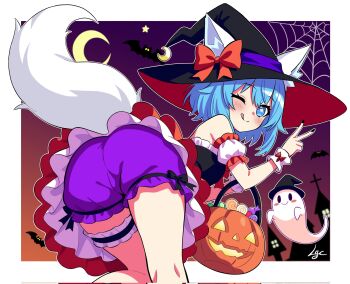 1girl ;q adapted_costume animal_ear_fluff animal_ears ass bare_legs bare_shoulders basket bat_(animal) bent_over black_dress black_hat black_nails bloomers blue_eyes blue_hair blush blush_stickers border bow breasts candy closed_mouth commentary corrupted_twitter_file crescent crescent_moon detached_sleeves double-parted_bangs dress english_commentary feet_out_of_frame food frilled_dress frilled_sleeves frilled_thigh_strap frills from_behind furry furry_female ghost glowing glowing_eyes gradient_sky hair_between_eyes halloween halloween_bucket hand_up hat hat_bow hat_ribbon highres holding holding_basket indie_virtual_youtuber jack-o&#039;-lantern lgcrx lollipop looking_at_viewer looking_back medium_breasts moon multicolored_dress nail_polish one_eye_closed orange_bow orange_dress orange_sky outdoors outline outside_border petticoat puffy_detached_sleeves puffy_sleeves purple_bloomers purple_ribbon purple_sky ribbon short_hair signature sky smile solo spider_web_background split_mouth star-shaped_pupils star_(symbol) sweets swirl_lollipop symbol-shaped_pupils tail thigh_strap tongue tongue_out two-tone_background two-tone_dress underwear v virtual_youtuber white_border white_sleeves white_tail white_wrist_cuffs witch witch_hat wolf_ears wolf_girl wolf_tail wolfychu wrist_cuffs