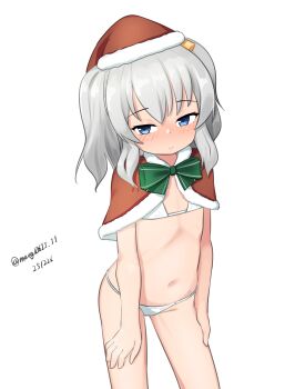 absurdres aged_down alternate_breast_size_(smaller) bikini blue_eyes capelet contrapposto dated feet_out_of_frame flat_chest fur-trimmed_capelet fur_trim grey_hair hat highres kantai_collection kashima_(kancolle) long_hair maru_(marg0613) one-hour_drawing_challenge red_capelet red_hat santa_hat simple_background swimsuit twintails twitter_username white_background white_bikini