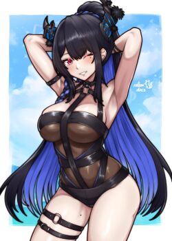 1girl absurdres arm_belt arms_behind_head arms_up artist_name bad_tag belt belt_collar black_hair blue_hair blue_sky blush braid casual_one-piece_swimsuit cloud collar colored_inner_hair commission cowboy_shot demon_horns facing_viewer high_ponytail highres hololive hololive_english horns ko-fi_commission long_hair long_sidelocks looking_to_the_side mole mole_on_thigh mole_under_eye multicolored_hair nerissa_ravencroft nerissa_ravencroft_(holonatsu_paradise) ocean official_alternate_costume one-piece_swimsuit one_eye_closed ponytail ponytail_with_braided_base red_eyes rotomdocs sidelocks sideways_glance signature sky smile solo standing swimsuit thigh_belt thigh_strap too_many too_many_belts two-tone_hair very_long_hair virtual_youtuber