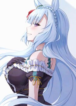 Rule 34 | 1girl, animal ears, bare shoulders, black dress, black gloves, blue hair, blush, braid, breasts, center frills, commentary request, crown braid, dress, frills, gloves, highres, horse ears, horse girl, large breasts, long hair, mejiro ardan (clinochlore line) (umamusume), mejiro ardan (umamusume), off-shoulder dress, off shoulder, open mouth, purple eyes, smile, solo, take20131004, umamusume, upper body