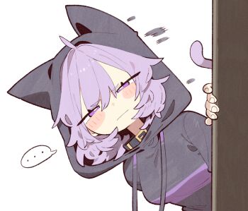 1girl :| ahoge animal_ears breasts cat_ears cat_girl cat_tail choker closed_mouth cocomayo29_(tomato) commentary_request fluffy_hair hololive hood hoodie korean_commentary looking_at_viewer nekomata_okayu nekomata_okayu_(1st_costume) peeking_out purple_eyes purple_hair purple_hoodie simple_background speech_bubble tail virtual_youtuber white_background