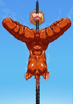 1girl ahoge all_the_way_through amputee bound bound_legs cannibalism corpse death dismemberment green_eyes guro gynophagia impaled john0819 leg_up meat_juice nipples restrained severed_arm severed_head severed_limb shiny_skin short_hair solo steam steaming_body tongue upside-down