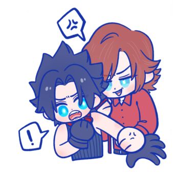 Rule 34 | !, 105zz, 2boys, anger vein, animal collar, aqua eyes, black gloves, black hair, brown hair, chibi, chibi only, collar, collared shirt, commentary request, crisis core: final fantasy vii, cropped torso, final fantasy, final fantasy vii, furrowed brow, genesis rhapsodos, gloves, holding, holding another's wrist, holding leash, leash, medium hair, multiple boys, open mouth, parted bangs, red shirt, shirt, short hair, sleeveless, sleeveless turtleneck, smile, spoken anger vein, spoken exclamation mark, swept bangs, turtleneck, white background, yaoi, zack fair