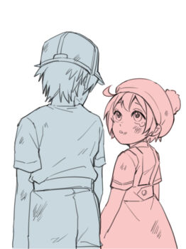 1boy 1girl absurdres ae-3803 ahoge baseball_cap child commentary_request crying crying_with_eyes_open dirty dirty_clothes dirty_face dress hat hataraku_saibou highres looking_at_another open_mouth red_blood_cell_(hataraku_saibou) rougui_(he_fengyu) shirt short_hair short_sleeves shorts simple_background standing t-shirt tears u-1146 white_background white_blood_cell_(hataraku_saibou)