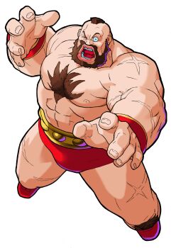 1990s_(style) 1boy abs absurdres beard bengus boots brown_hair chest_hair facial_hair from_above full_body game_cg highres leg_hair legs_apart looking_at_viewer male_focus marvel_super_heroes_vs._street_fighter marvel_vs._capcom mohawk muscular muscular_male non-web_source official_art open_mouth outstretched_hand pectorals red_boots retro_artstyle scar scar_on_arm scar_on_leg short_hair simple_background small_pupils solo street_fighter teeth topless_male white_background wrestler wrestling_outfit zangief