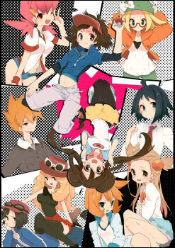 00s 10s 4boys 6+girls ahoge androgynous annoyed bag beret bianca_(pokemon) black_hair black_legwear black_shirt blonde_hair blue_eyes blue_oak blush boots bow breasts brown_eyes brown_hair calem_(pokemon) cheren_(pokemon) cleavage competition_swimsuit covered_erect_nipples double_bun eyewear_on_head frown glasses goggles green_eyes gym_leader hair_bobbles hair_bun hair_ornament hat hat_bow hat_ribbon highres holding holding_poke_ball jacket jasmine_(pokemon) jewelry large_breasts long_hair lying misty_(pokemon) multiple_boys multiple_girls nakamura_sandayo nate_(pokemon) necklace necktie nintendo on_stomach one-piece_swimsuit one_eye_closed open_clothes open_jacket open_mouth orange_hair pantyhose pink_hair pleated_skirt poke_ball poke_ball_(basic) pokemon pokemon_bw2 pokemon_hgss pokemon_xy raglan_sleeves red_skirt ribbon rosa_(pokemon) semi-rimless_eyewear serena_(pokemon) shirt short_hair short_shorts shorts shoulder_bag sitting sitting_on_person skirt smile smirk standing sunglasses swimsuit teeth thighhighs twintails two_side_up v visor_cap whitney_(pokemon) wink wristband yellow_eyes