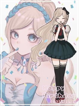1girl :d black_thighhighs blonde_hair blue_dress blue_nails bow braid breasts cleavage danganronpa_(series) danganronpa_10th_anniversary_costume danganronpa_2:_goodbye_despair dated dress green_dress hair_bow happy_birthday highres large_breasts long_hair nail_polish open_mouth puffy_short_sleeves puffy_sleeves shirt short_sleeves smile sonia_nevermind teeth thighhighs upper_teeth_only yomo_ma_ni