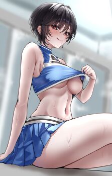 1girl bare_shoulders black_hair blue_skirt blurry blurry_background breasts brown_hair cheerleader commentary_request cropped_shirt highres indoors lds_(dstwins97) medium_breasts miniskirt original pleated_skirt short_hair sitting skirt sweat thighs underboob