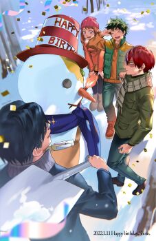 Rule 34 | 1girl, 3boys, absurdres, blue eyes, blurry, boku no hero academia, burn scar, caricature, casual, character name, confetti, dated, depth of field, english text, hair between eyes, happy birthday, heterochromia, highres, iida tenya, long bangs, male focus, midoriya izuku, multicolored hair, multiple boys, red hair, scar, scar on face, sennen suisei, short hair, shovel, smile, snow, snowman, solo focus, split-color hair, todoroki shoto, two-tone hair, uraraka ochako, white hair, winter clothes