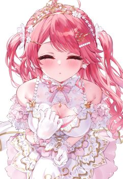 1girl ahoge arm_bow armband bare_shoulders blush bow breasts cleavage closed_eyes dress earrings frilled_armband frills gloves hair_ornament hair_ribbon hairclip highres hololive jewelry large_breasts long_hair muyamii neck_ribbon open_mouth pink_armband pink_bow pink_hair pink_ribbon ribbon sakura_miko sakura_miko_(flower_fantasista!) simple_background solo tiara two_side_up virtual_youtuber white_armband white_background white_dress white_gloves white_ribbon yellow_tiara