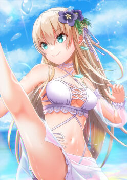 >:) 1girl absurdres asaba_touka bikini bikini_skirt blonde_hair blue_sky blush breasts cleavage closed_mouth commentary_request cowboy_shot criss-cross_halter day earrings eyelashes eyes_visible_through_hair flower green_eyes hair_between_eyes hair_flower hair_ornament hair_ribbon halterneck hand_up heaven_burns_red highleg highres jewelry kneepits large_breasts leaf_hair_ornament leg_up long_hair looking_to_the_side navel ocean official_alternate_costume outdoors purple_flower ribbon sky smile solo split_mouth stomach swimsuit thighs toujou_tsukasa v-shaped_eyebrows very_long_hair water_drop wet white_bikini white_ribbon