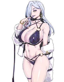1girl bare_shoulders bikini black_bikini blue_lips bracelet breasts choker cleavage collarbone colored_tongue commentary_request earrings eyeliner fate/grand_order fate_(series) hair_over_one_eye hoop_earrings jacket jewelry korean_commentary large_breasts long_hair long_sleeves long_tongue looking_at_viewer makeup minew mrs._snake_(fate) mrs._snake_(second_ascension)_(fate) navel off_shoulder purple_tongue smile swimsuit thighs tongue tongue_out white_hair white_jacket yellow_eyes