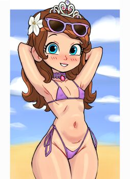 1girl arms_behind_head arms_up beach bikini blue_eyes blush brown_hair choker cloud collarbone covered_erect_nipples disney eyewear_on_head flat_chest flower gem grin hair_flower hair_ornament highleg highleg_bikini long_hair looking_at_viewer micro_bikini navel pink_gemstone princess purple_bikini rukisan(pixiv) sand side-tie_bikini_bottom sky smile sofia_(disney) sofia_the_first standing sunglasses sunglasses_on_head swimsuit teeth tiara white_flower wide_hips