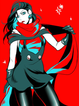 1girl aqua_eyes black_gloves black_hair chico0619 earrings female_focus gloves jewelry jojo_no_kimyou_na_bouken limited_palette lipstick lisa_lisa long_hair makeup off_shoulder pantyhose red_lips red_scarf scarf shiny_clothes solo