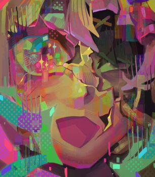 1girl :d ame-chan_(needy_girl_overdose) black_hair blonde_hair blunt_bangs chouzetsusaikawa_tenshi-chan close-up cracked_kawaii_mask glitch_art grin hair_ornament hashtag-only_commentary highres kyutsii needy_girl_overdose open_mouth pink_hair portrait saturated short_hair smile wide-eyed x_hair_ornament