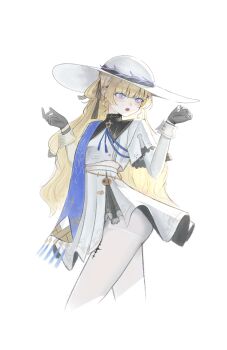 Rule 34 | 1girl, absurdres, black gloves, blonde hair, blue eyes, blue sash, breasts, commentary, cropped legs, deardd, from side, gloves, hands up, hat, high-waist skirt, highres, long hair, long sleeves, looking back, medium breasts, open mouth, pantyhose, phoebe (wuthering waves), sash, shirt, simple background, skirt, solo, tacet mark (wuthering waves), white background, white hat, white pantyhose, white shirt, white skirt, wuthering waves