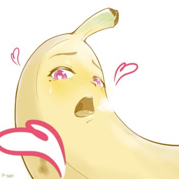 artist_name banana blush breath close-up food food_with_face fruit furrowed_brow heart heart-shaped_pupils highres looking_at_viewer mole mole_under_eye naughty_face no_humans nose_blush open_mouth original parted_lips peesh_san personification pink_eyes signature simple_background sweat symbol-shaped_pupils teeth tongue upper_teeth_only what white_background