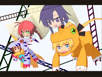 Rule 34 | 4girls, agumon, agumon (cosplay), commentary request, cosplay, digimon, digimon adventure, digimon adventure: bokura no war game, floating, gabumon, gabumon (cosplay), goshiki agiri, highres, kill me baby, multiple girls, oribe yasuna, sonya (kill me baby), unused character (kill me baby), yachima tana